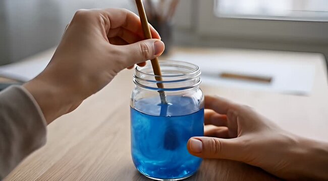 Mixing shimmering blue fluid with a paintbrush in a glass mason jar