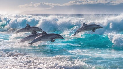 Fototapeta premium Dolphins jumping out of ocean waves, marine wildlife scene
