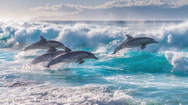 Dolphins jumping out of ocean waves, marine wildlife scene