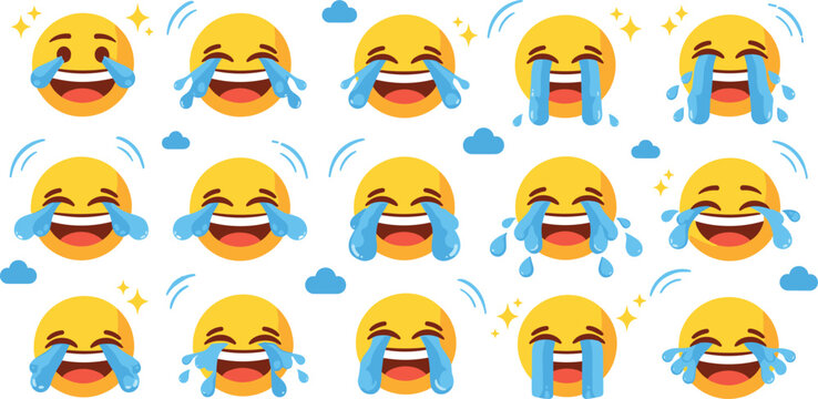 Vector illustration set of laughing yellow emoji faces with tears of joy crying with laughter expressions and sparkling stars isolated on white background