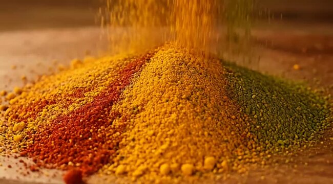 Aromatic spices are being poured to mix together on the wooden table