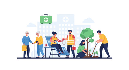 Fototapeta premium Community Service & Social Responsibility: Volunteers Providing Elderly Care, Blood Donation Support, and Environmental Tree Planting