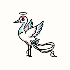 Fototapeta premium A cartoon bird, angel-like, with white body, blue and pink accent colors, and a halo. Its form is simple, featuring black outlines