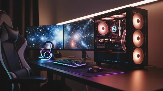 Modern gaming setup with neon lights, dual monitors, and custom PC build in a dark room during night time