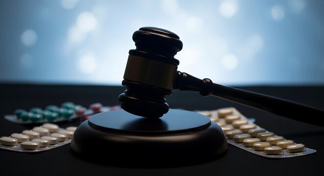 Wooden gavel rests on block, flanked by pills, on a dark surface, against a blurred light