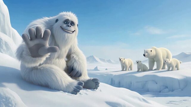 Yeti waving at polar bear family in arctic landscape. Friendly mythical creature sitting on snow with bears in background. Static wide shot.