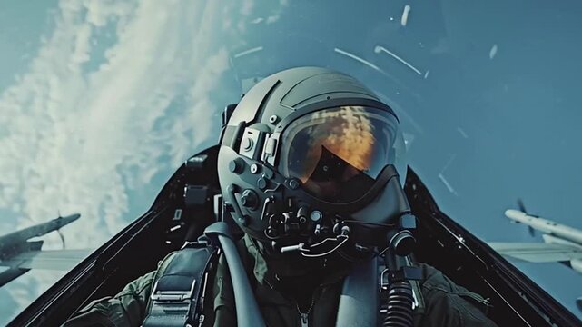 Close up of a military fighter pilot wearing a helmet and oxygen mask flying a jet aircraft in the clouds, with missiles visible on the wings. View from inside the cockpit during a mission