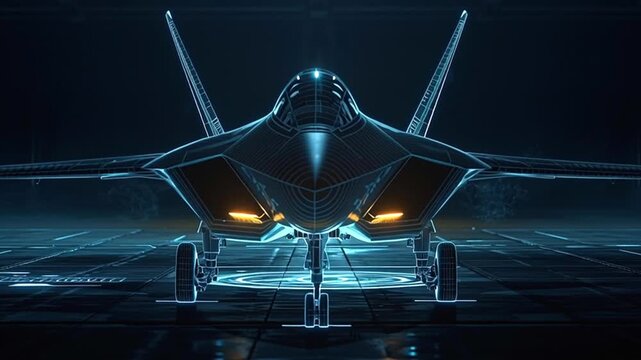Advanced tactical stealth fighter jet presented as a glowing blue digital wireframe, slowly moving on a futuristic runway with holographic interface elements and a dark, high tech background