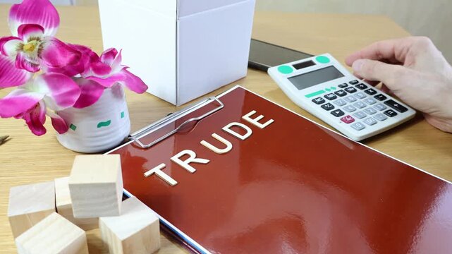 TRUDE wooden sign with man's hand using calculator on desk and brown sheet of paper copy space.