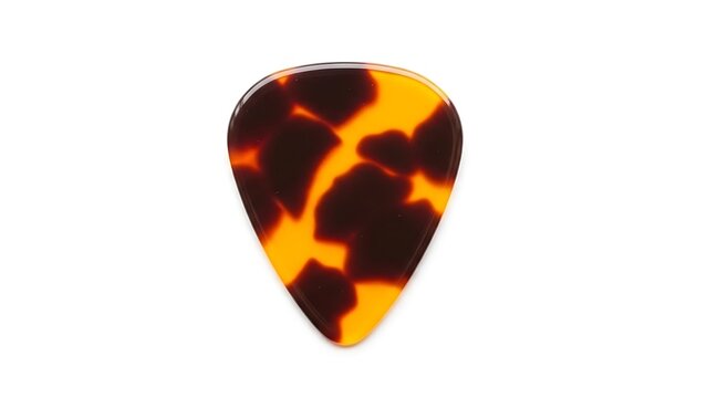 Close-up of a tortoiseshell guitar pick on a white background, a small accessory essential for guitarists, displaying its classic pattern