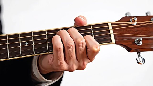 Hand playing acoustic guitar chords.