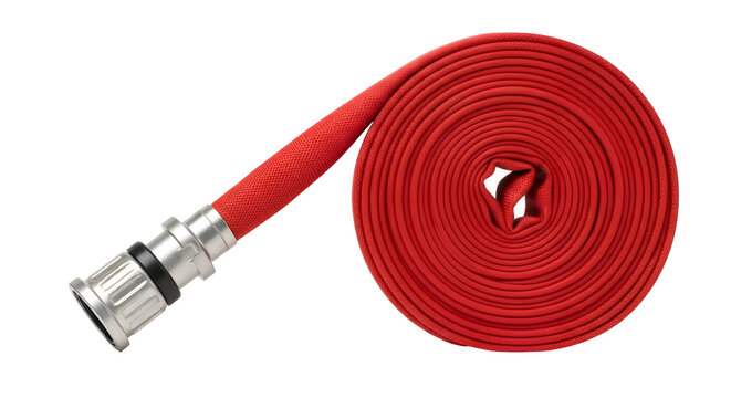 Rolled Red Fire Hose with Silver Coupling on graphic design isolated on a transparent