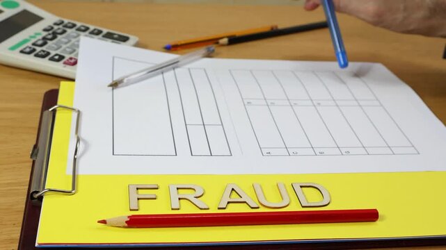 Wooden FRAUD sign with man's hand moving on the form for copy space.