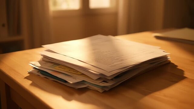 Stack of business documents on wooden desk in warm evening light