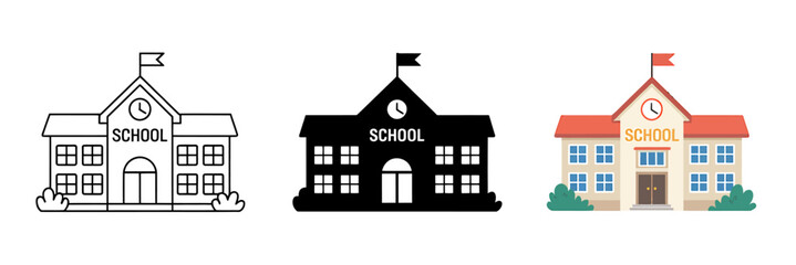 Fototapeta premium Three colorful school building icons in different styles and colors on white background