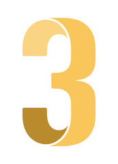 Creative number three vector design with golden yellow gradient and overlapping curved shapes isolated on transparent background
