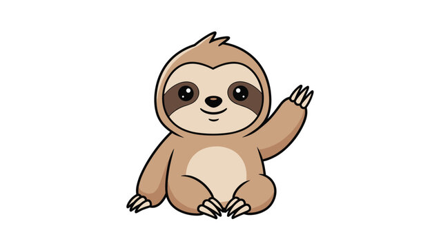 Extremely cute brown sloth character sitting and waving its hand with a friendly and happy expression in a cartoon style illustration.