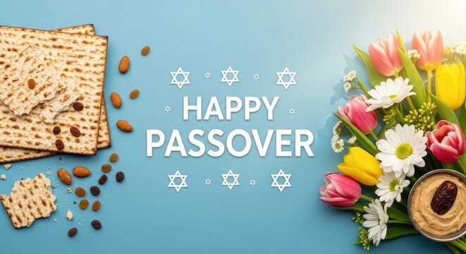 Happy passover easter greeting with matzah flowers and jewish symbols