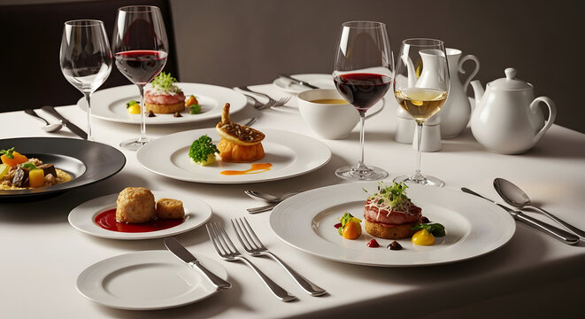 A sophisticated still life depicting a beautifully set dining table, ideal for restaurant promotions, food blogs, or luxury lifestyle content. The ima