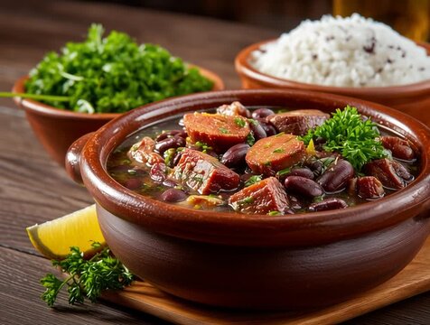 Traditional brazilian feijoada stew with beans and meat