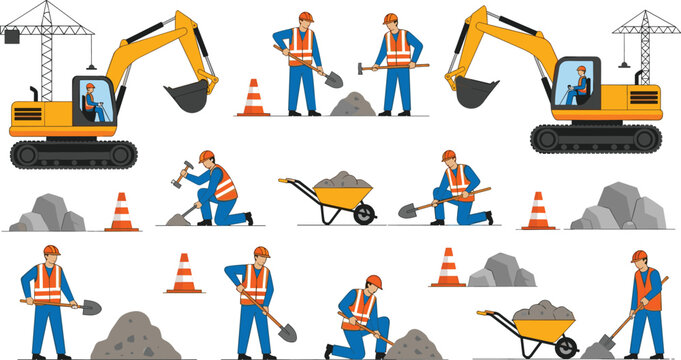 Construction workers and excavator equipment set with builders using tools, wheelbarrow and safety cones, roadwork and building maintenance vector illustration collection