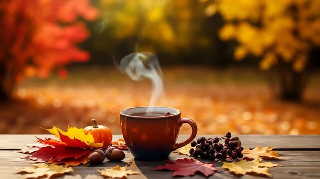 A warm, steaming brown cup sits on a rustic wooden table surrounded by vibrant autumn leaves, acorns, and a cluster of dark berries on a crisp fall day
