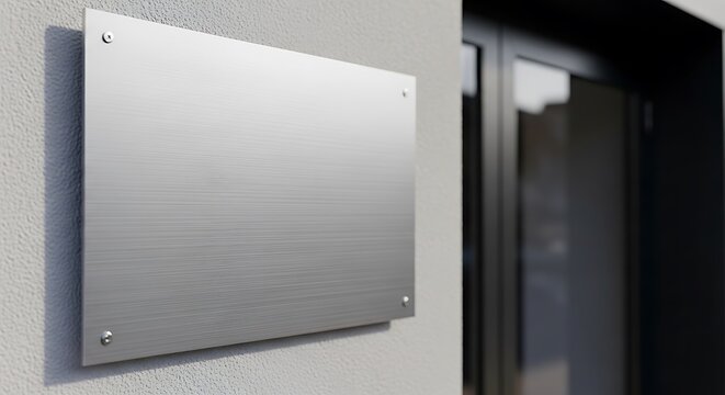 A horizontal brushed metal signage plate mounted on a modern textured grey wall by an entrance