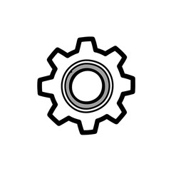 Hand-drawn black and white mechanical gear icon isolated on white background