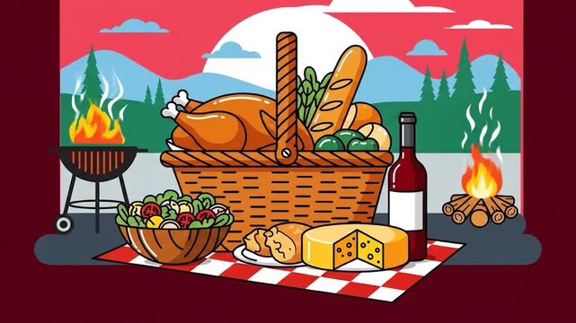 Outdoor picnic with food and wine.