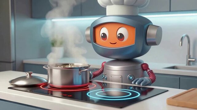 Cheerful robot chef lifting lid from steaming pot on induction stove. Smart kitchen automation for home cooking. Panning medium shot.