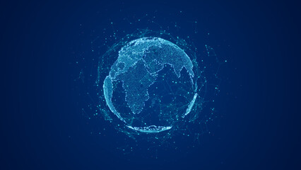 Digital globe formed by glowing particles and network connections representing global data exchange, communication, and modern technology systems on a dark blue background, 3D rendering. © Tee11