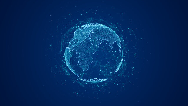 Digital globe formed by glowing particles and network connections representing global data exchange, communication, and modern technology systems on a dark blue background, 3D rendering.