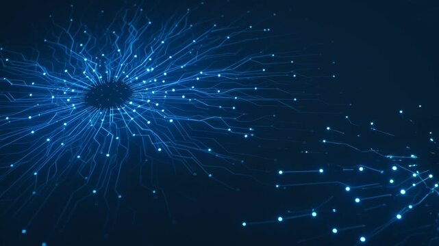 Abstract blue network with glowing nodes representing interconnected technology and innovation
