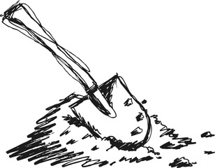 Fototapeta premium hand drawn shovel digging into soil pile with scattered dirt and rough sketch