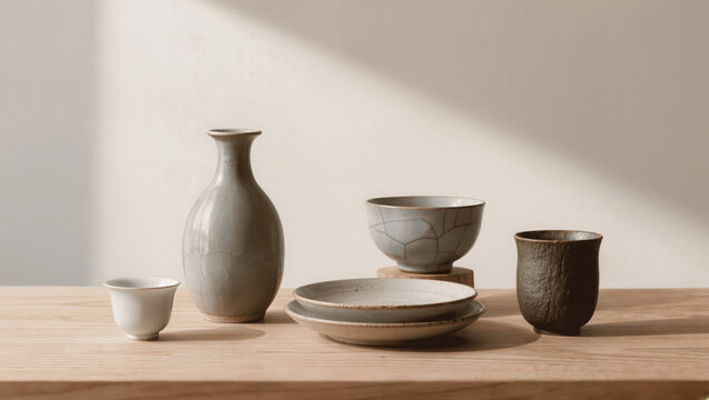 Minimal aesthetic still life with ceramic objects and natural light