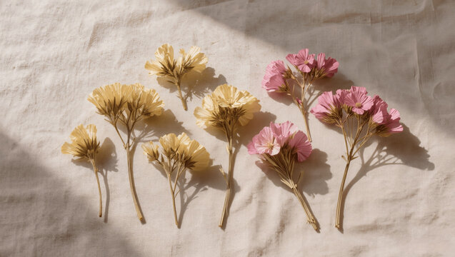 Minimal dried flowers arranged on a neutral linen surface