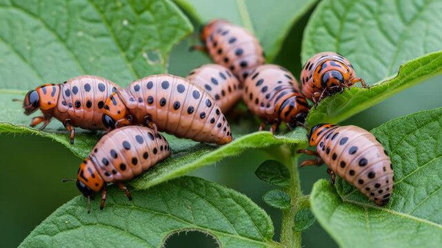 A group of six larvae with orange heads and bodies covered in black spots rest on green leaves