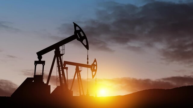 The change in oil prices caused by the war. Oil price cap concept. Oil drilling derricks at desert oilfield. Crude oil production from the ground. Petroleum production.