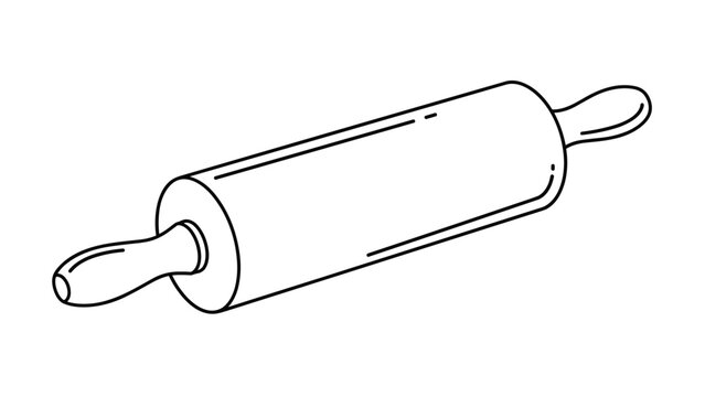 Detailed black and white line illustration of a wooden rolling pin used for baking dough on a plain white background.