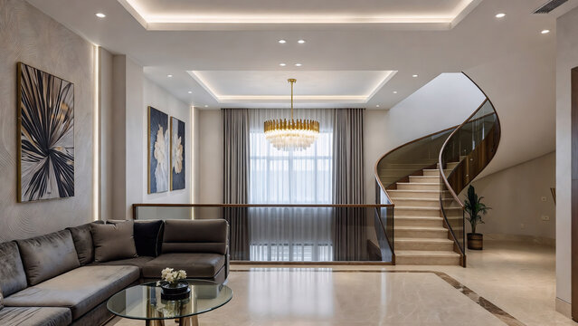 Luxurious modern living room features dramatic spiral staircase and elegant chandelier design