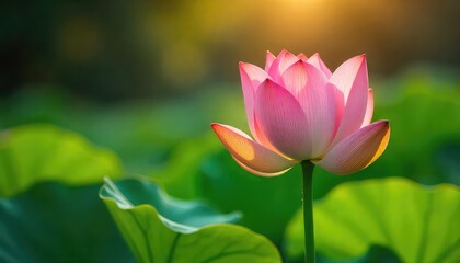 Beautiful Pink Lotus Flower with Green Leaves in Natural Light nature blossom blossoming plant sunlight sun serene peaceful