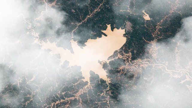 Rotating flying over Challawa Gorge Reservoir Nigeria satellite view from space with clouds based on Nasa imagery