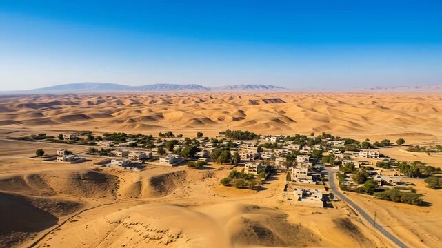 Aerial view of a desert oasis town with sand dunes, sparse vegetation, and buildings under a clear blue sky
