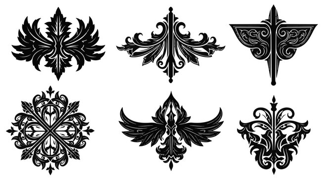 Victorian Gothic Ornate Decorative Elements for Design in Black