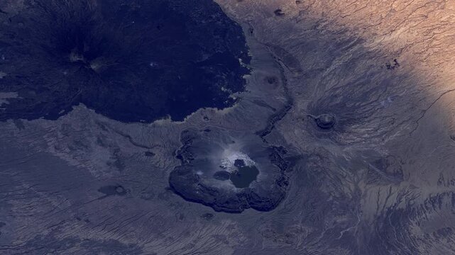 Flying over Tousside Volcano Chad sunrise timelapse satellite view from space based on Nasa imagery