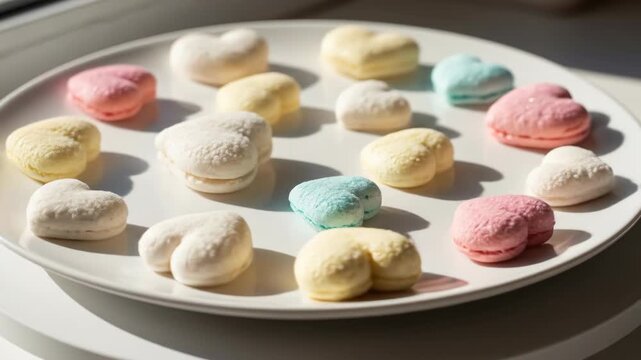 A plate of assorted colorful macarons on a white plate