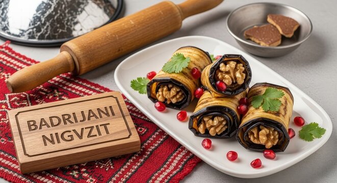 Traditional Georgian Badrijani Nigvzit Eggplant Rolls with Walnut Filling and Red Chidaoba
