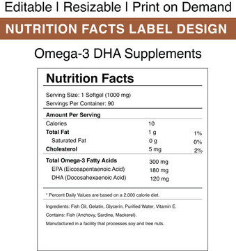 Nutrition facts label design for omega 3 dha supplements