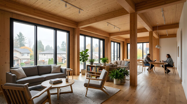 Mass timber building interior warm cozy open-plan living space with natural light enhancing sustainable architecture