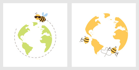 World bee day illustration with bees flying around earth globe for environmental awareness poster, banner and education design. © Thanawat